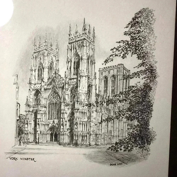 Vintage York Minster Print of a Drawing by Brian Lewis, B&W Art in Framed - Picture 5 of 7